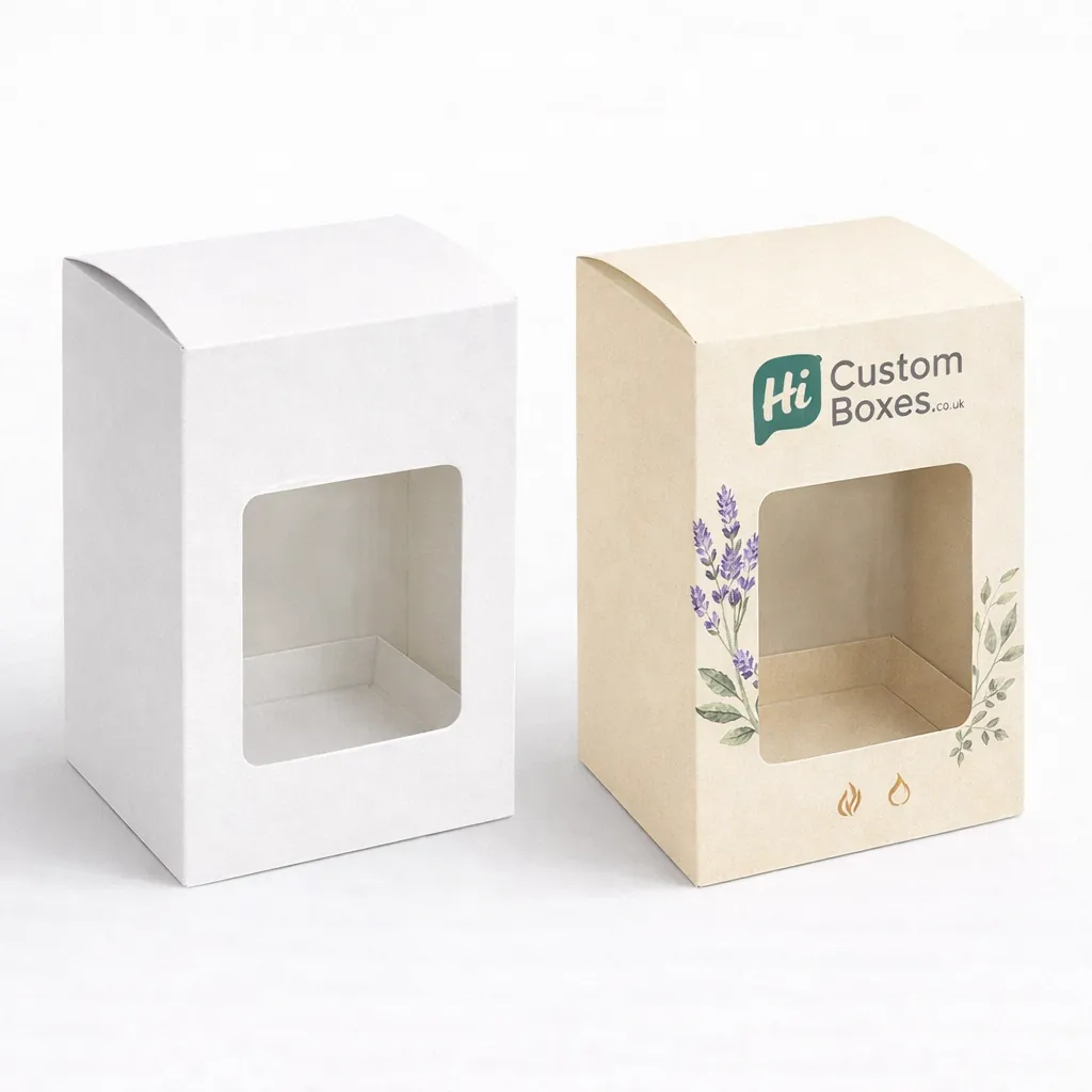 Two soy candle boxes with clear windows, shown in natural brown and branded floral finishes. class=
